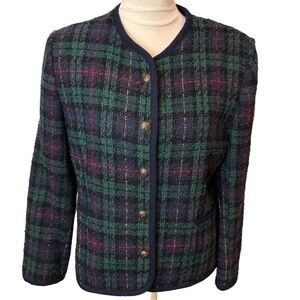 Vintage Tartan Plaid Structured Blazer Timeless -‎ Green and Blue 10
